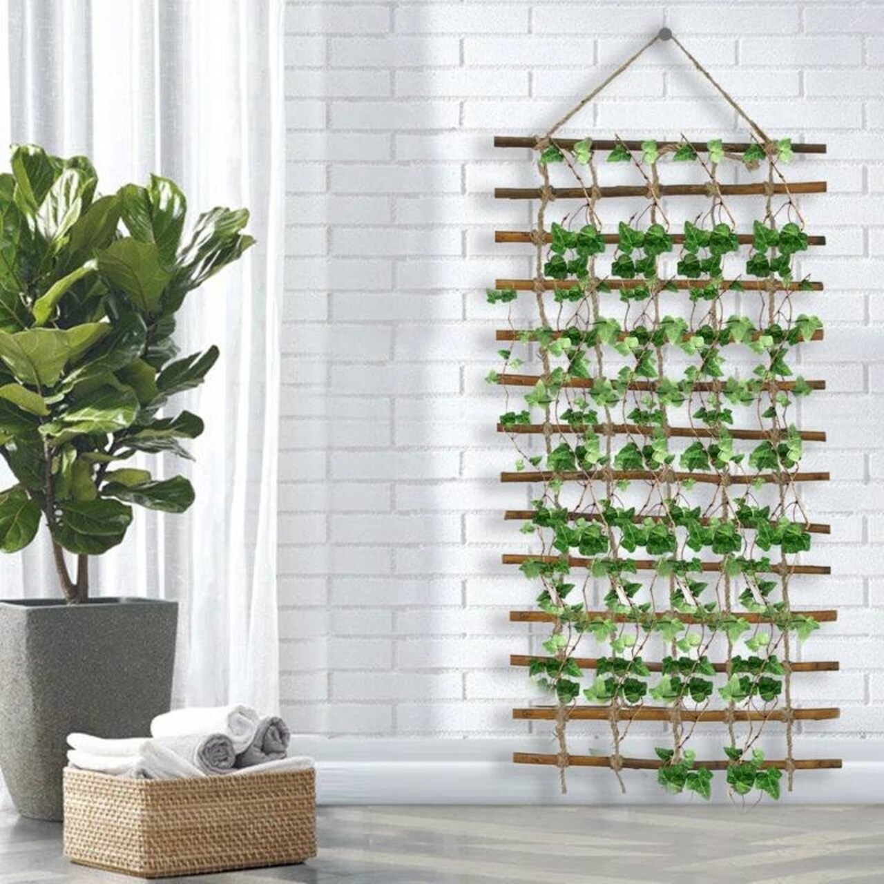 76-Inch Wall Hanging Garden Trellis Willow Wood and Jute Rustic Indoor-Outdoor Decor